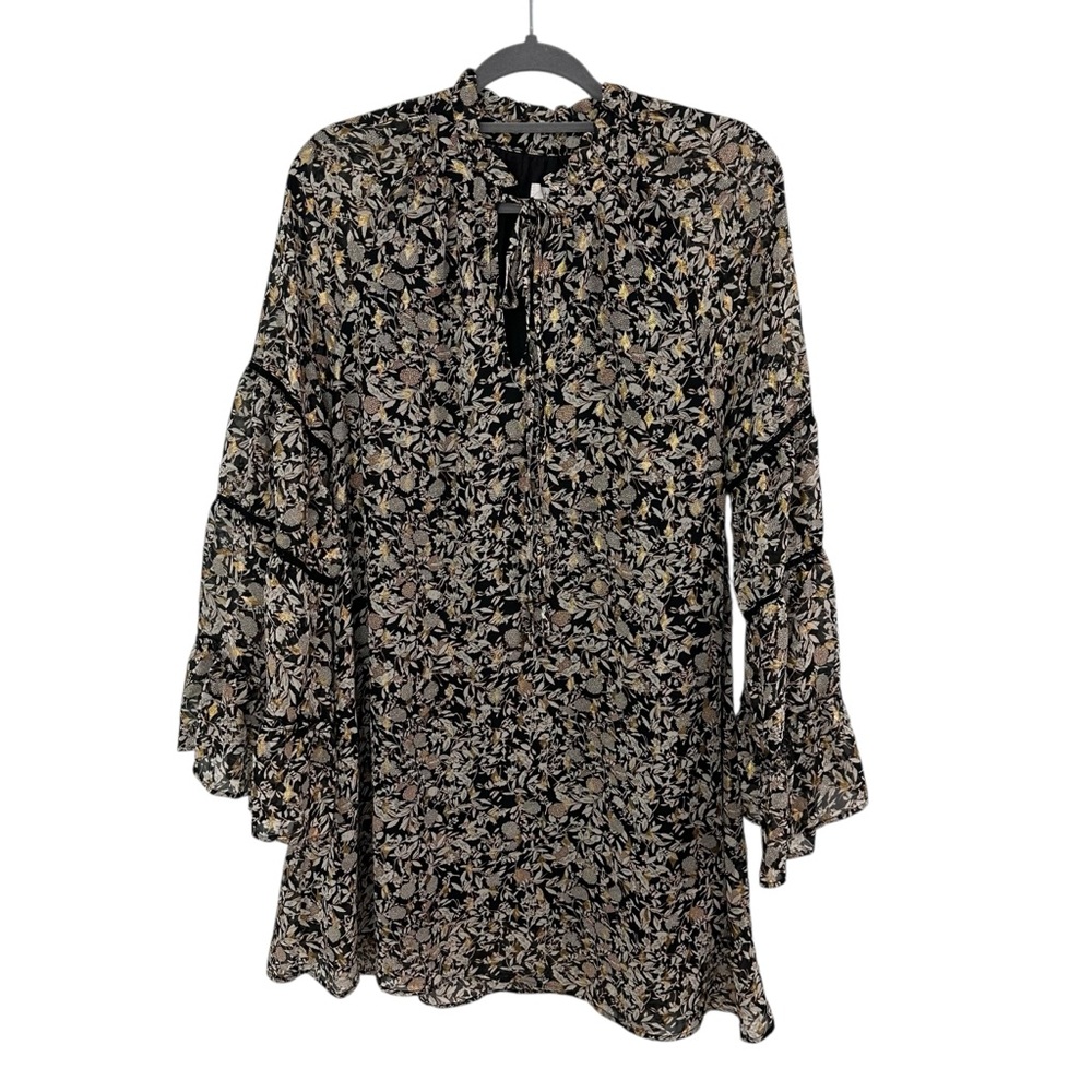 Talulah Black, Cream, Gold Floral Cecelia Tunic Bell Sleeve Dress Size Large
